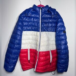 Vintage Spire Colorblock Puffer Jacket Men’s XL Blue White Red Zip Coat